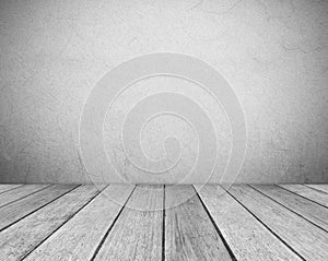 Empty gray cement wall and vintage wooden floor room in perspective view, grunge background, interior design, product display photo