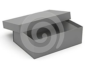 Empty gray rectangular storage box with open lid
