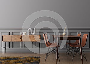 Empty gray wall in modern dining room. Mock up interior in contemporary style. Free space, copy space for your picture