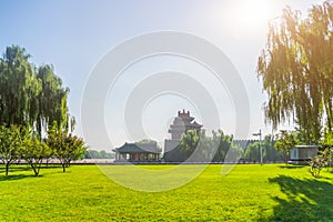 Empty green field with ancient architecture in background