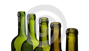 Empty green glass wine bottles isolated on white