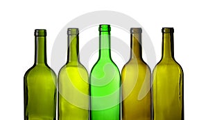 Empty green glass wine bottles isolated on white