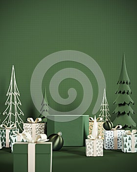 Empty green mockup podium with giftbox and Christmas paper trees decoration on green background.