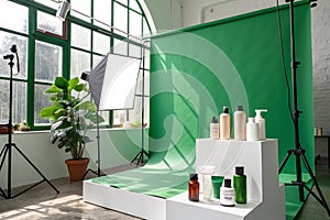 Empty studio green wall backdrop photo