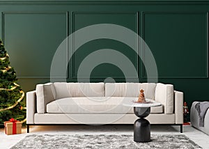 Empty green wall in modern living room with Christmas decoration. Mock up interior in classic style. Copy space for your