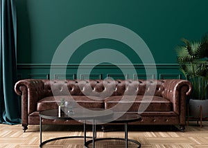 Empty green wall in modern living room. Mock up interior in classic style. Free space, copy space for your picture, text