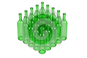 Empty green wine bottles standing in a row. 3D render.