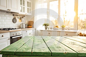 Empty Green Wooden Table with Bright White Interior of the Kitchen