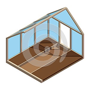 Empty greenhouse in 3D design. Hothouse inside view - vector illustration