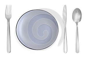 Empty grey plate with fork, knife and spoon on white background, top view