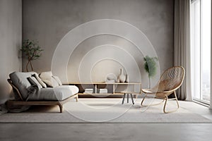 Empty grey wall mockup in boho room interior with wicker armchair and vase. Natural daylight from a window. Promotion background