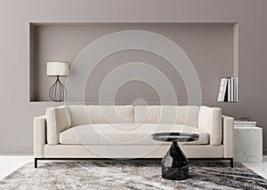 Empty grey wall in modern living room. Mock up interior in contemporary style. Free, copy space for your picture, text