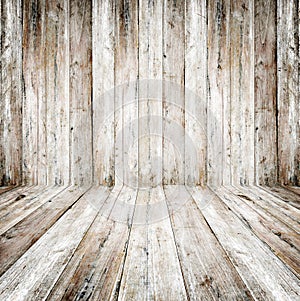 Empty grunge interior of vintage room - old wooden wall and wood floor.