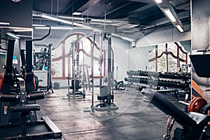 Empty gym, backgrounds and exercise building for sports, training and fitness, wellness and weightlifting. Health club