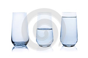 Empty, half and full glasses of water on white