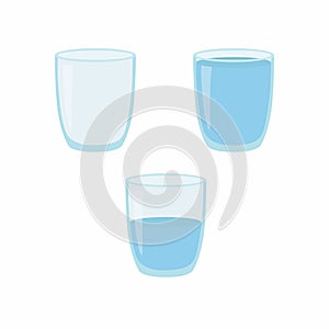 Empty, half and full water glass. Vector illustration.