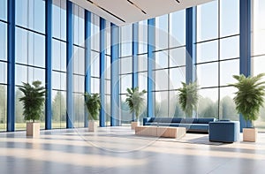 empty hall in blue hues, fresh plants, big windows, natural view from windows, sun ray through the windows, no people