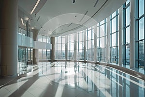 Empty hall building interior with tall panoramic windows. Generative AI illustration