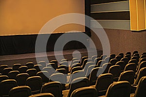 empty hall with chairs in a cinema before watching a movie, .