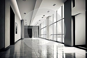empty hall in office building with minimalistic grey interior design