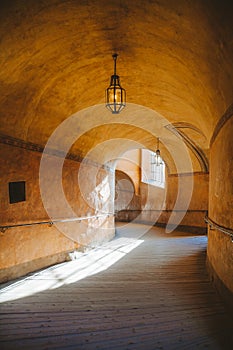 Empty hallway at famous Cesky Krumlov at sunrise, Bohemia, Czech Republic