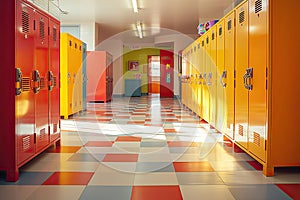 An empty hallway at school with colorful lockers