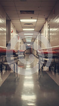 Empty Hallway With Stretchers Lined Along Polished Floor Reflecting Overhead Lights photo