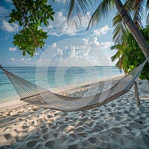 Empty Hammock on Beach, Paradise Island, Relax Vacation, Abstract Generative AI Illustration