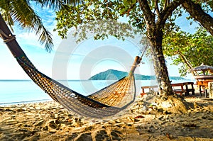 Empty hammock between palm trees on tropical beach