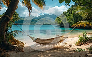 Empty hammock in the shade of palm trees on tropical beach