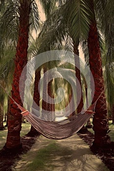 empty hammock swaying between two palm trees