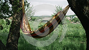 Empty hammock waving in wind between two trees at green garden