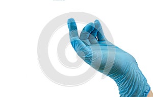 Empty hand with blue latex glove doing beg gesture on white background.Copy of space.