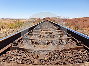 Empty head on view of railway track from ground leading into distance Western Australia