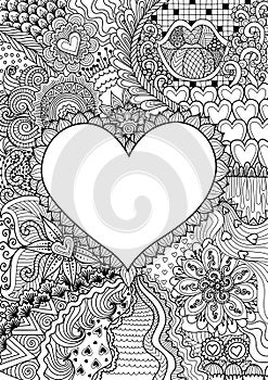 Empty hearted shape for copy space surrounded by beautiful flowers for printing,card,invitation, coloring book,coloring page and c photo