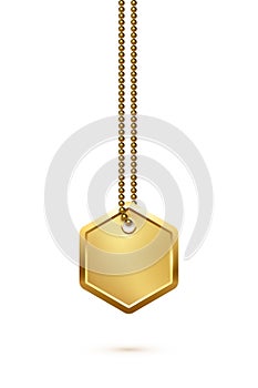 Empty hexagon gold military or dogs badge hanging on steel chain. Vector army object isolated on white background