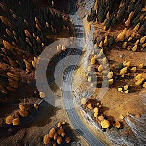 An empty highway is captured from a top-down perspective, offering an aerial view of the great landscape it traverses