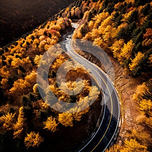 An empty highway is captured from a top-down perspective, offering an aerial view of the great landscape it traverses