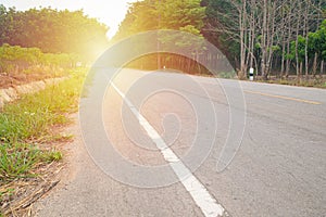 Empty highway road among rubber tree with sunbeam, empty way with copy space for background