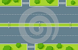 Empty highway top view. Road asphalt with pedestrian crossing, white dashed stripes, lightning and green zone