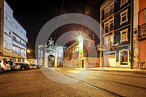 Empty, historic street of Lisbon during the night