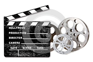 Empty Hollywood Film Canisters and Clapper on Whit