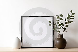 Empty horizontal frame mockup in modern minimalist interior with plant