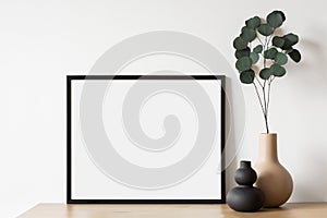 Empty horizontal frame mockup in modern minimalist interior with plant in trendy vase on white wall
