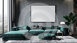 Empty horizontal frame with white blank poster for wall art mock up. Modern living room with large emerald green couch.