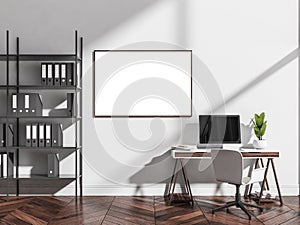 Empty horizontal frame in white manager office with modern personal desk