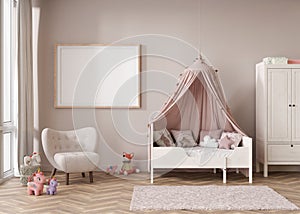 Empty horizontal picture frame on beige wall in modern child room. Mock up interior in contemporary, scandinavian style