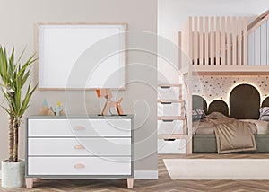 Empty horizontal picture frame on beige wall in modern child room. Mock up interior in contemporary, scandinavian style