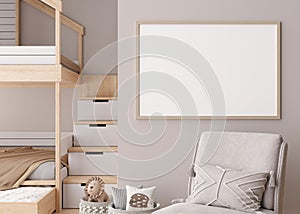 Empty horizontal picture frame on beige wall in modern child room. Mock up interior in contemporary, scandinavian style