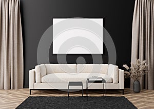 Empty horizontal picture frame on black wall in modern living room. Mock up interior in contemporary style. Free, copy